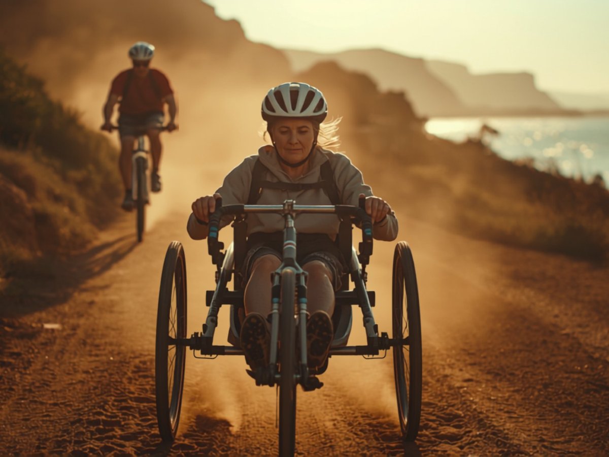 Una mujer pedalea en una handbike por un camino de tierra costero con el mar al fondo
