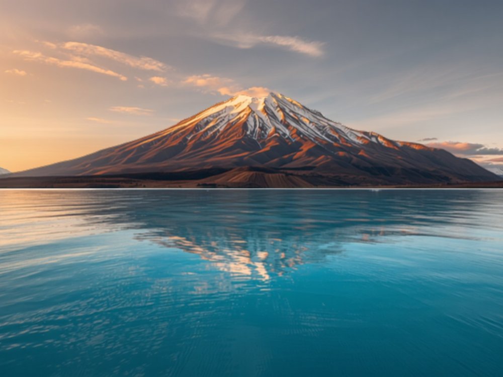 Estepa patagónica con montaña nevada al fondo y un lago glaciar turquesa