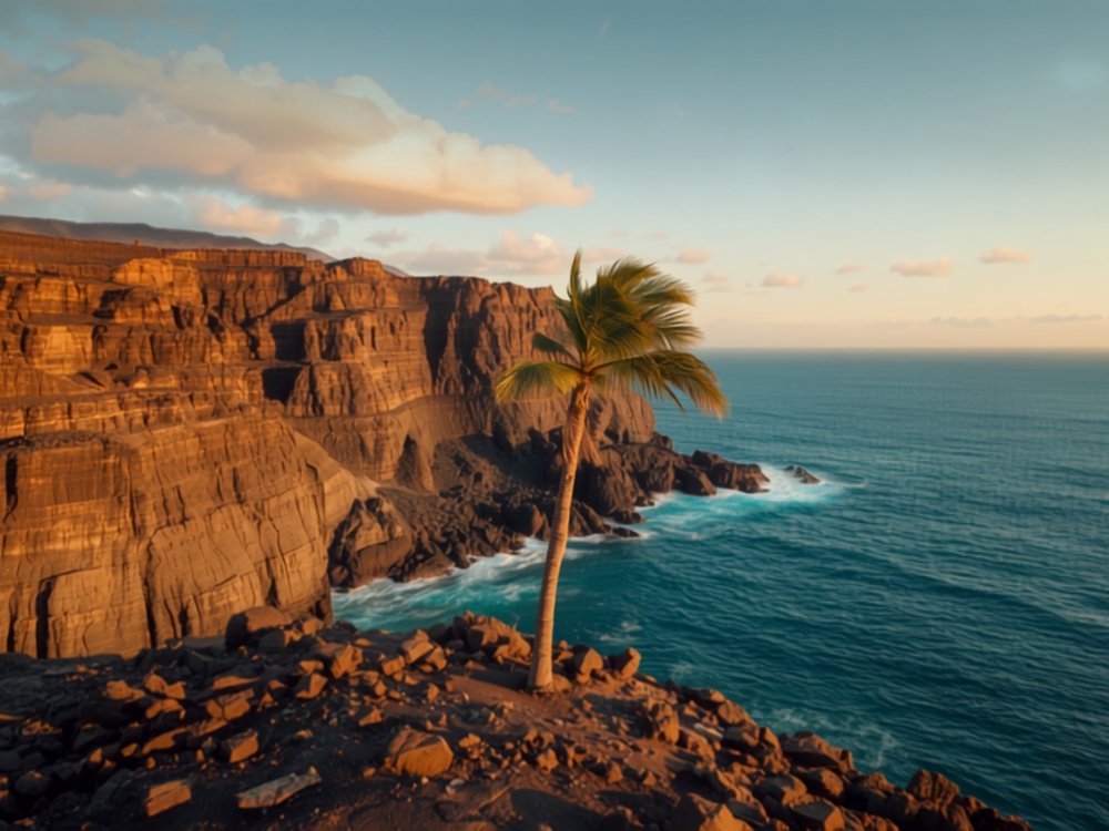 Costa volcánica canaria con acantilado, mar turquesa y una palmera en primer término