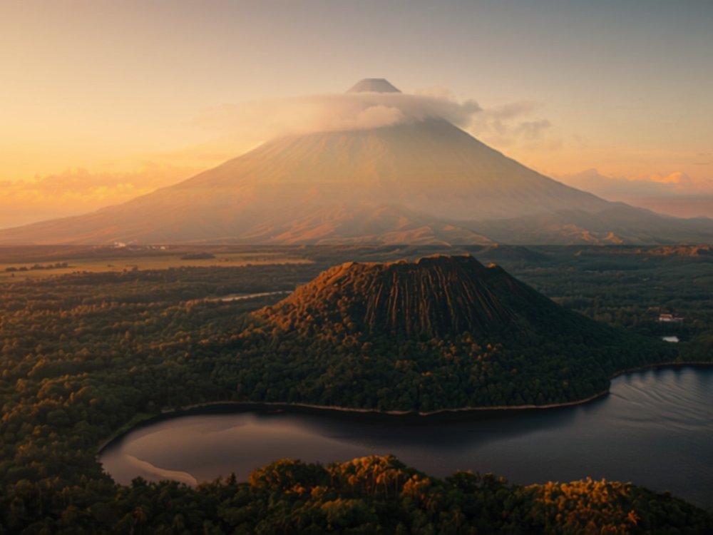 Volcán con la cima entre nubes visto sobre selva densa y una laguna