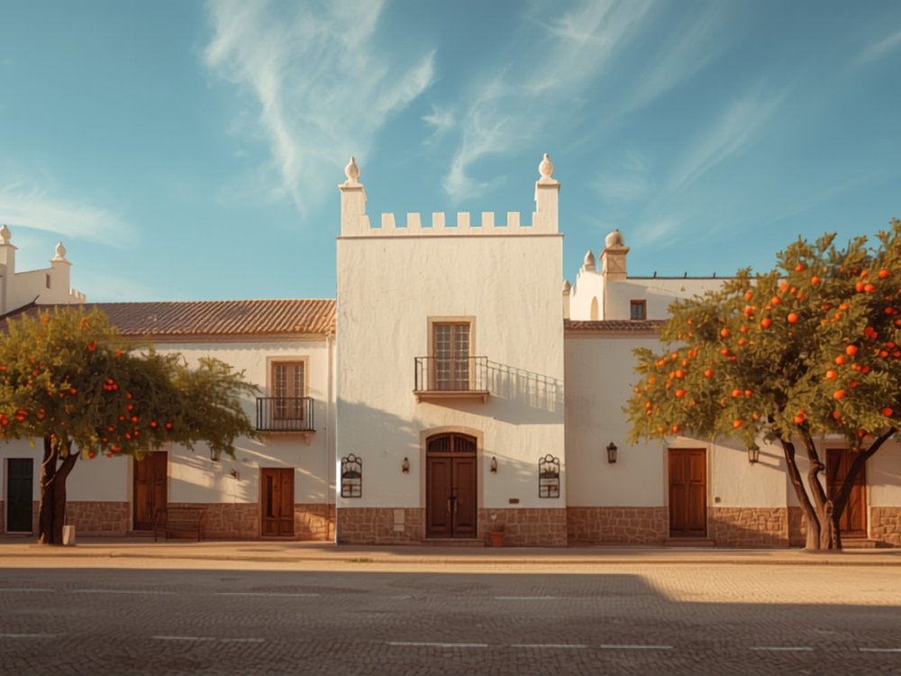 Plaza de casco antiguo andaluz con naranjos y fachadas encaladas