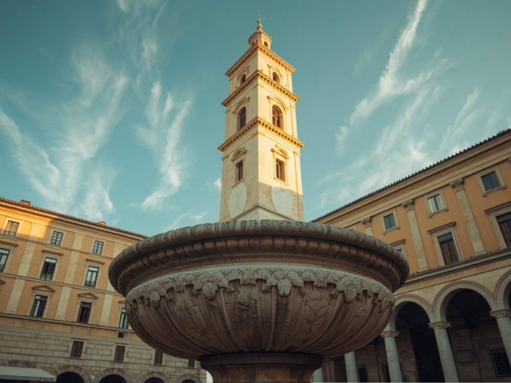Plaza renacentista italiana con fuente de piedra y torre campanario al fondo