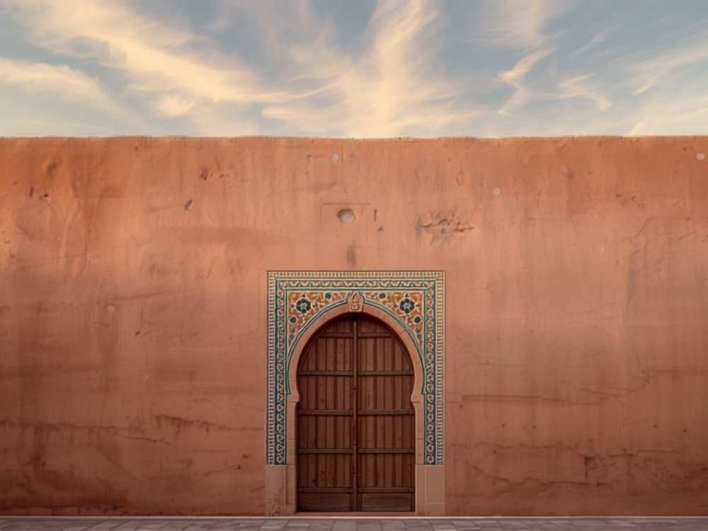 Puerta de medina de arco de herradura con azulejo y muro de barro ocre
