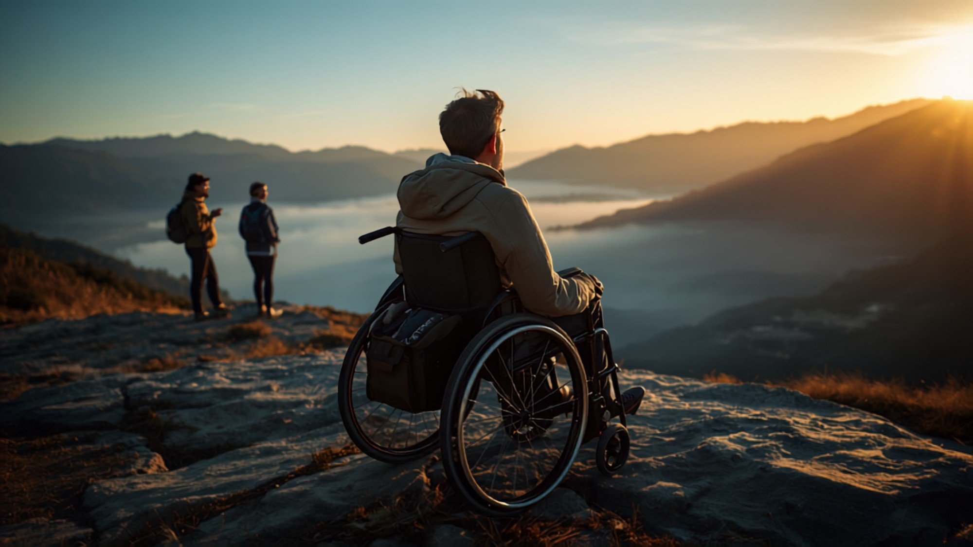 Un hombre en silla de ruedas manual, detenido en un mirador de montaña al amanecer, contempla el valle