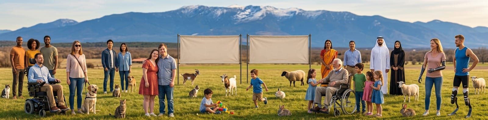 Personas de distintas edades, culturas y capacidades reunidas en un prado ante montañas nevadas: sillas de ruedas, prótesis, un perro guía, niños jugando y animales de granja