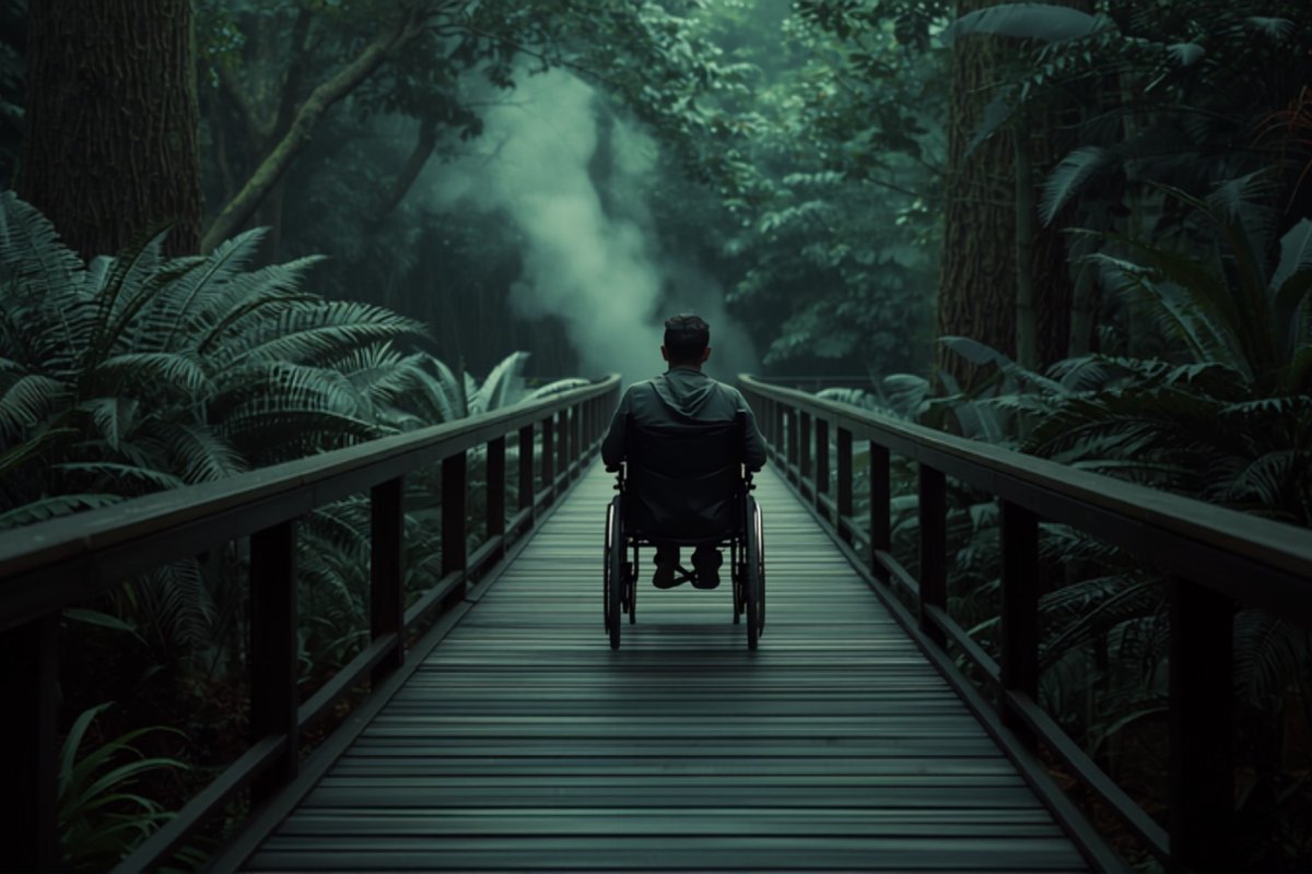 Una persona en silla de ruedas avanza por una pasarela de madera elevada en el bosque nuboso de Costa Rica