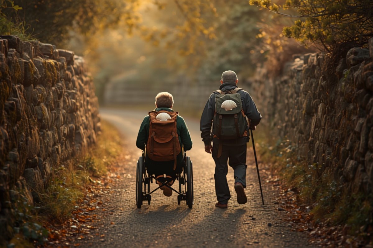 Dos peregrinos avanzan por un tramo del Camino de Santiago al amanecer, uno de ellos en silla de senderismo todoterreno